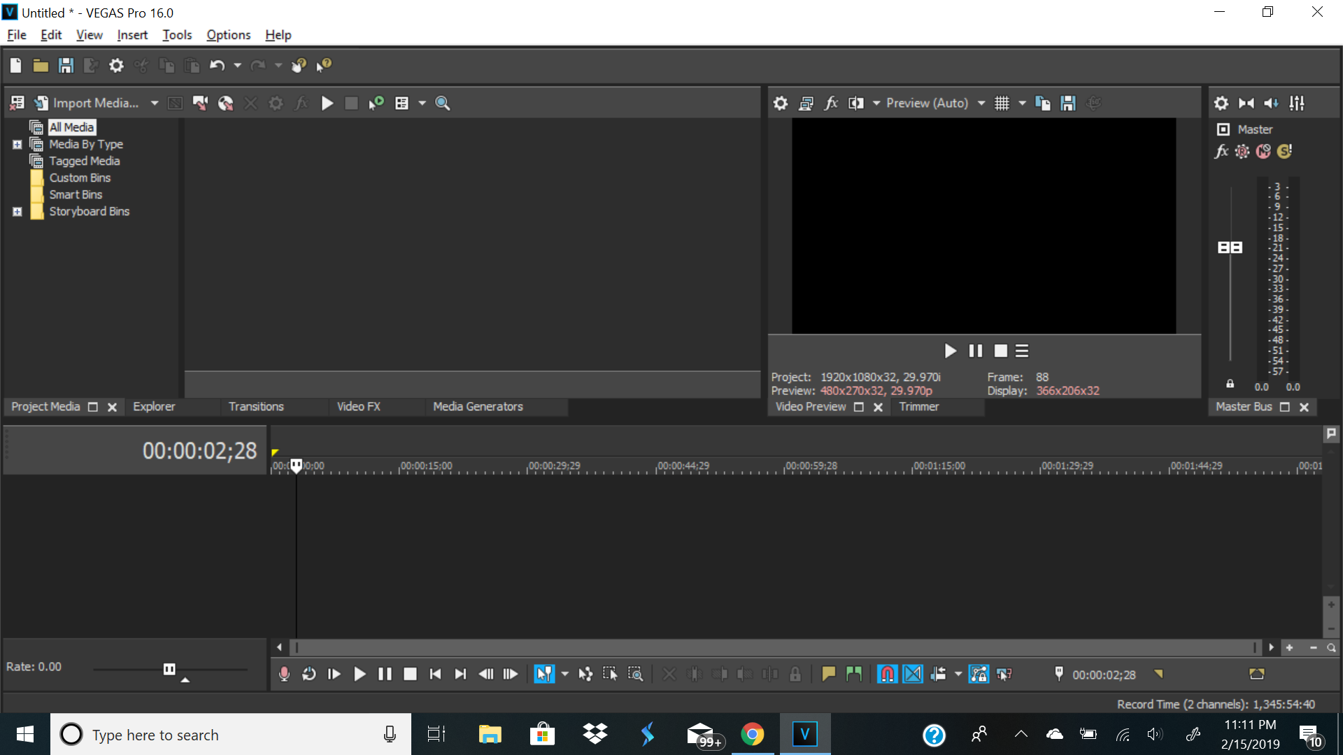 Interface du logiciel Sony Vegas Pro 16.0